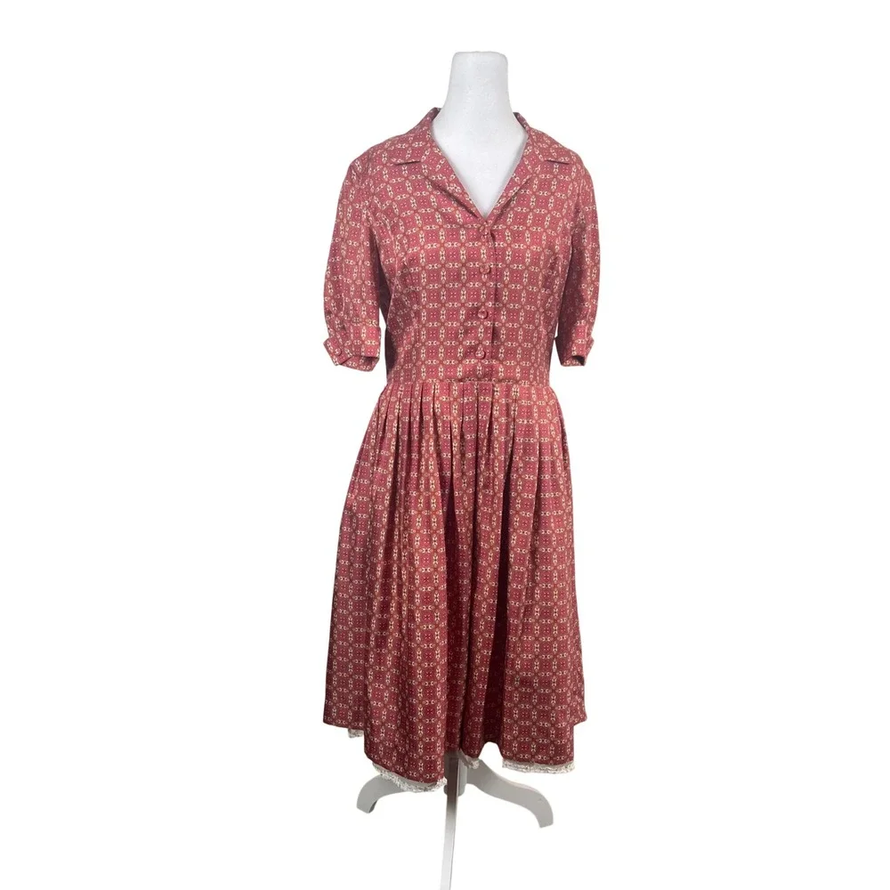 Ann Taylor Womens 8 Pink 100% Silk Feminine Medallion Fit Flare Midi Dress Retro